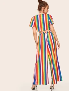 Rainbow Striped Tie Front Crop Top With Wide Leg Pants - Multicolor - View 2