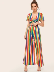 Rainbow Striped Tie Front Crop Top With Wide Leg Pants - Multicolor - View 1