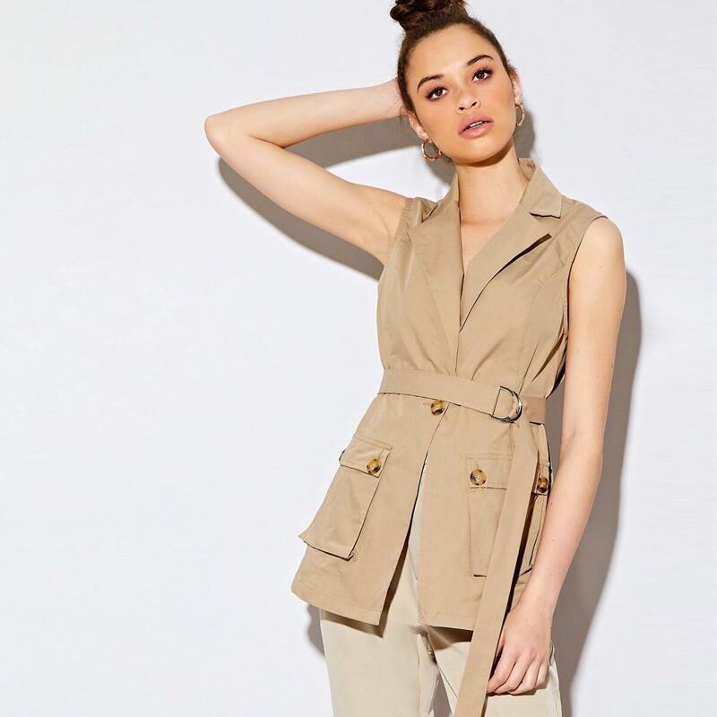 

Sleeveless Belted Utility Jacket, Khaki