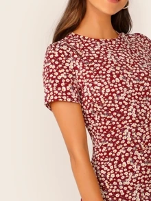 SHEIN VCAY Allover Floral Print Ruffle Hem Textured Dress - Burgundy - View 4