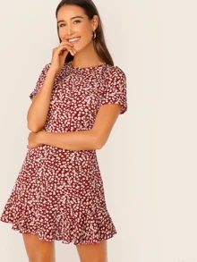SHEIN VCAY Allover Floral Print Ruffle Hem Textured Dress - Burgundy - View 3