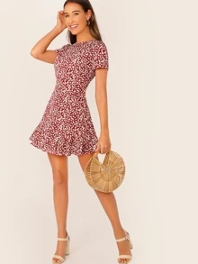 SHEIN VCAY Allover Floral Print Ruffle Hem Textured Dress - Burgundy - View 5