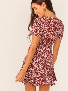 SHEIN VCAY Allover Floral Print Ruffle Hem Textured Dress - Burgundy - View 2
