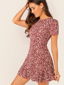 SHEIN VCAY Allover Floral Print Ruffle Hem Textured Dress - Burgundy - View 1