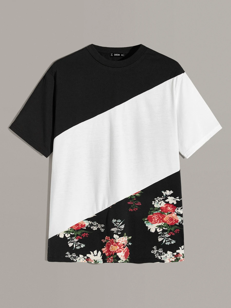Manfinity Men Floral Print Two Tone Top - Black and White - View 1