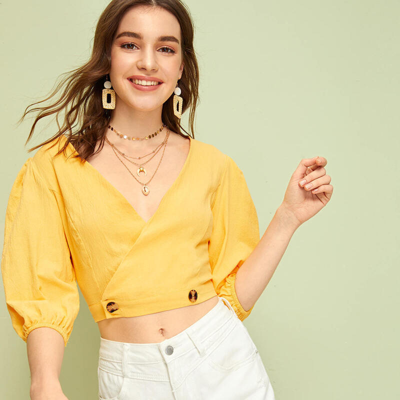 

Solid Button Crop Wrap Blouse, Yellow