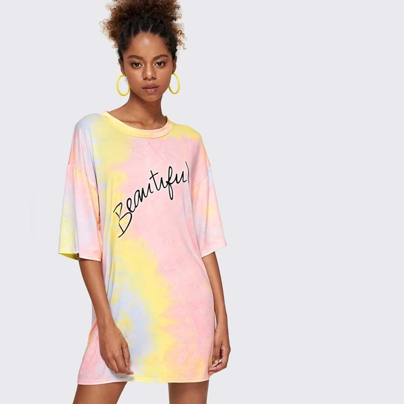 

Letter Print Tie Dye T-shirt Dress, Multicolor