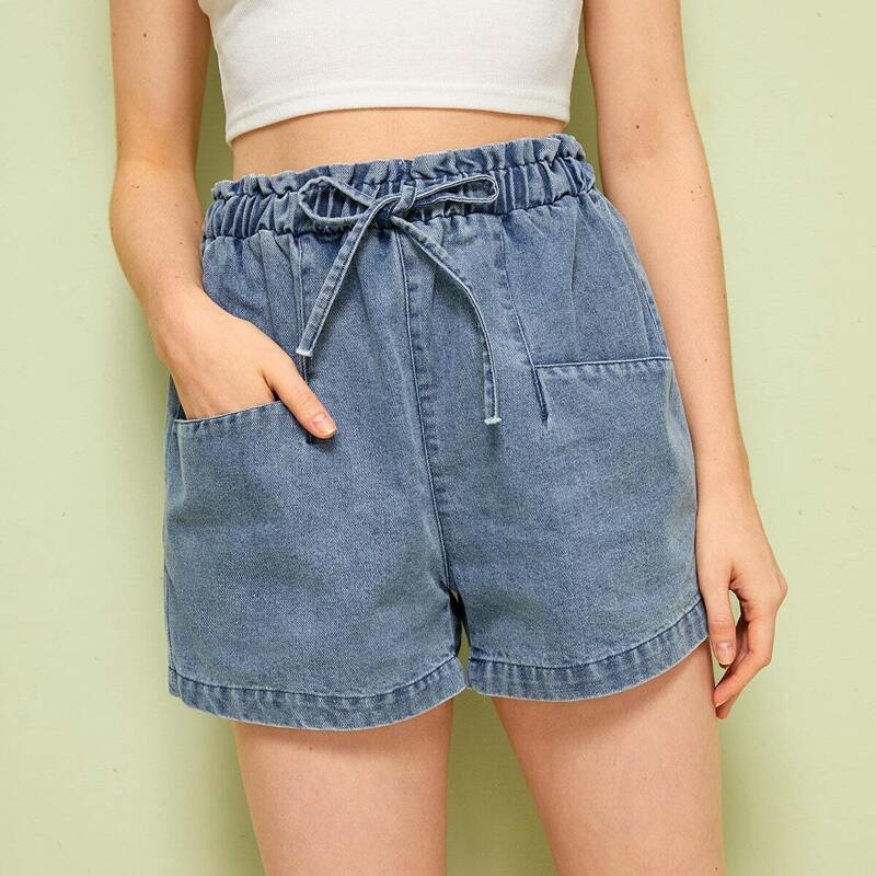 

Knot Elastic Waist Denim Shorts, Blue