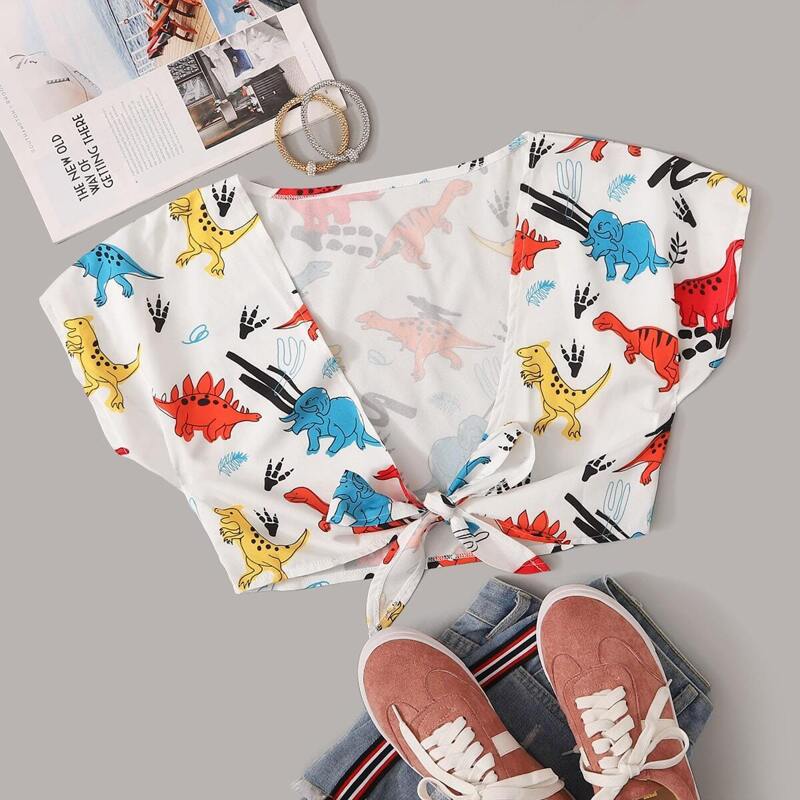 

Dinosaur Print Tie Front Crop Top, Multicolor