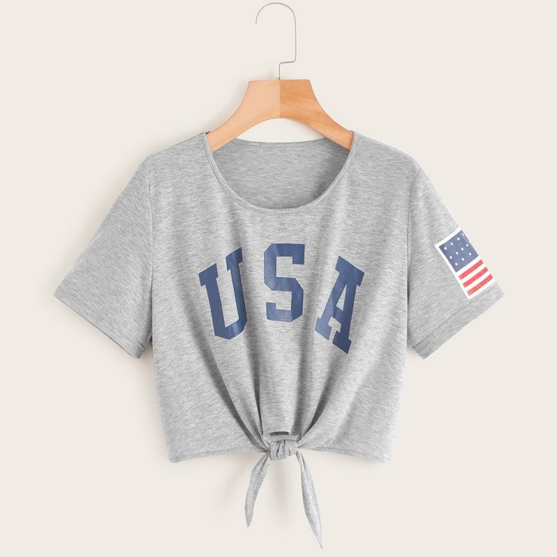 

Knot Front American Flag Print Tee, Grey