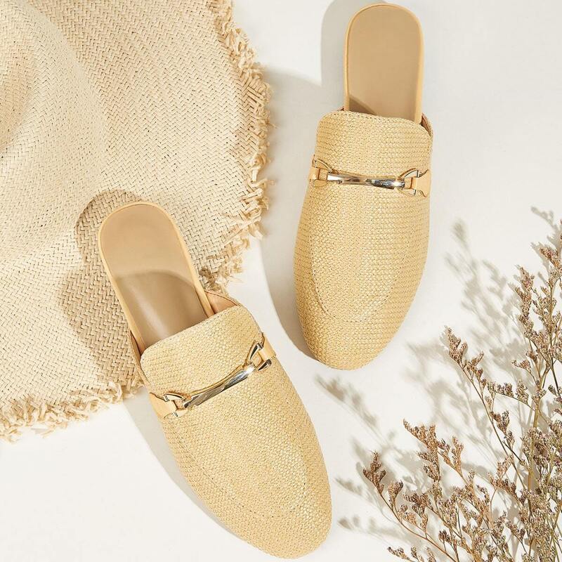 

Metal Decor Woven Flat Mules, Beige