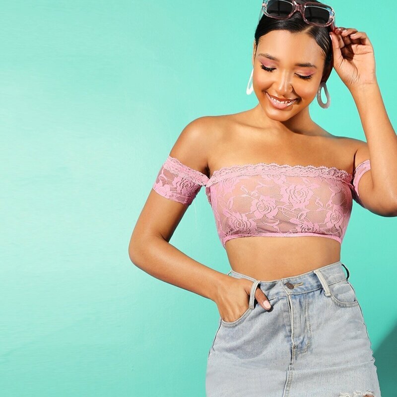

Off Shoulder Lace Crop Top, Pink pastel