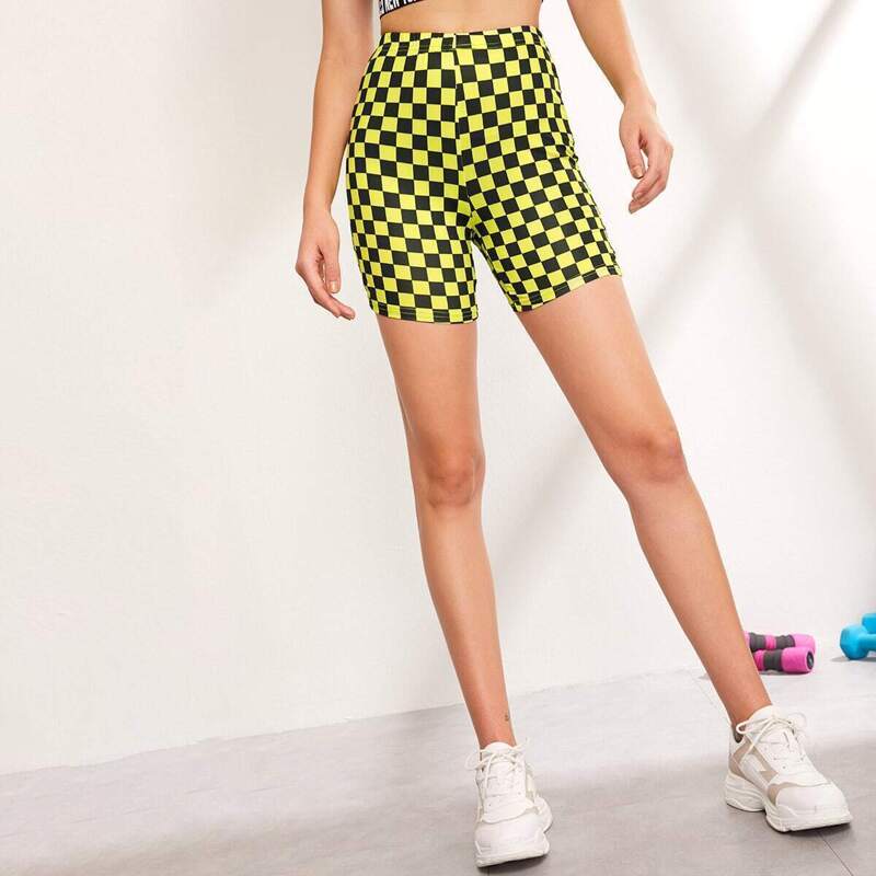

Neon Gingham Print Cycling Shorts, Yellow bright