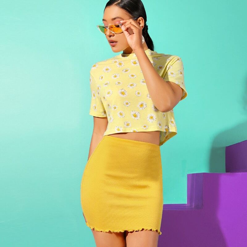 

Lettuce Trim Rib-knit Bodycon Skirt, Yellow