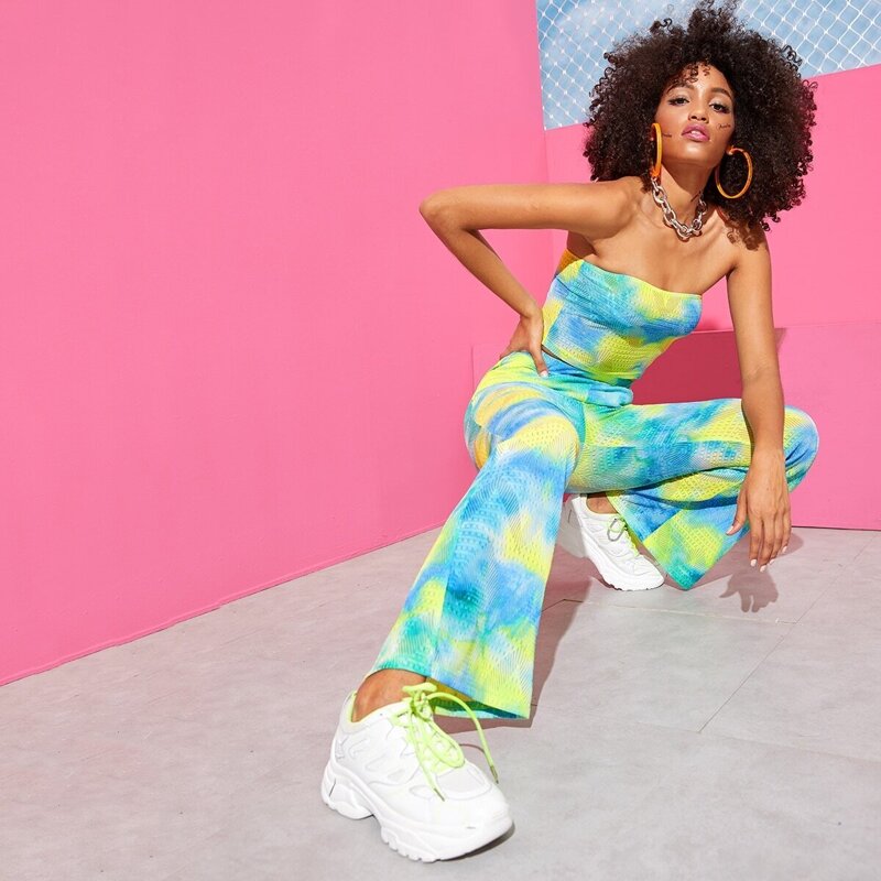

Tie Dye Crochet Bandeau Top & Flare Leg Pants Set, Multicolor