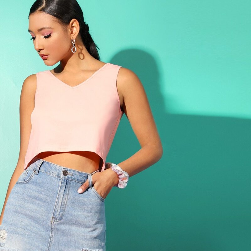 

V-neck Solid Top, Pink pastel
