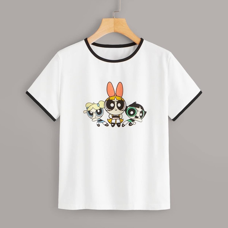 

Powerpuff Girls x ROMWE Cartoon Print Ringer Tee, White