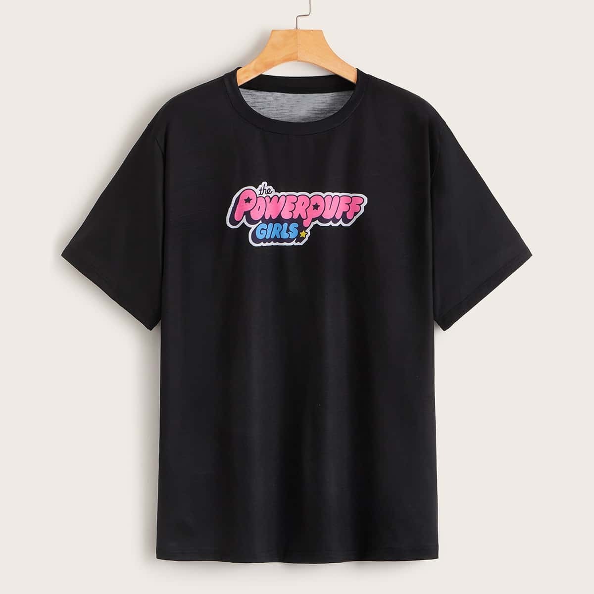 

Powerpuff Girls x ROMWE Slogan & Cartoon Print Tee, Black