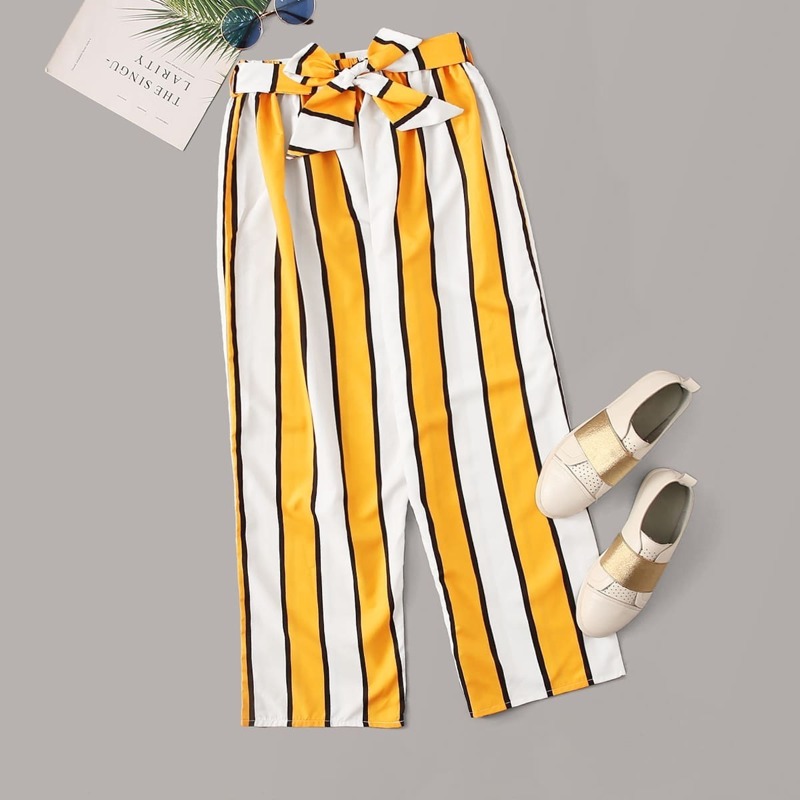

Striped Self Tie Elastic Waist Pants, Multicolor