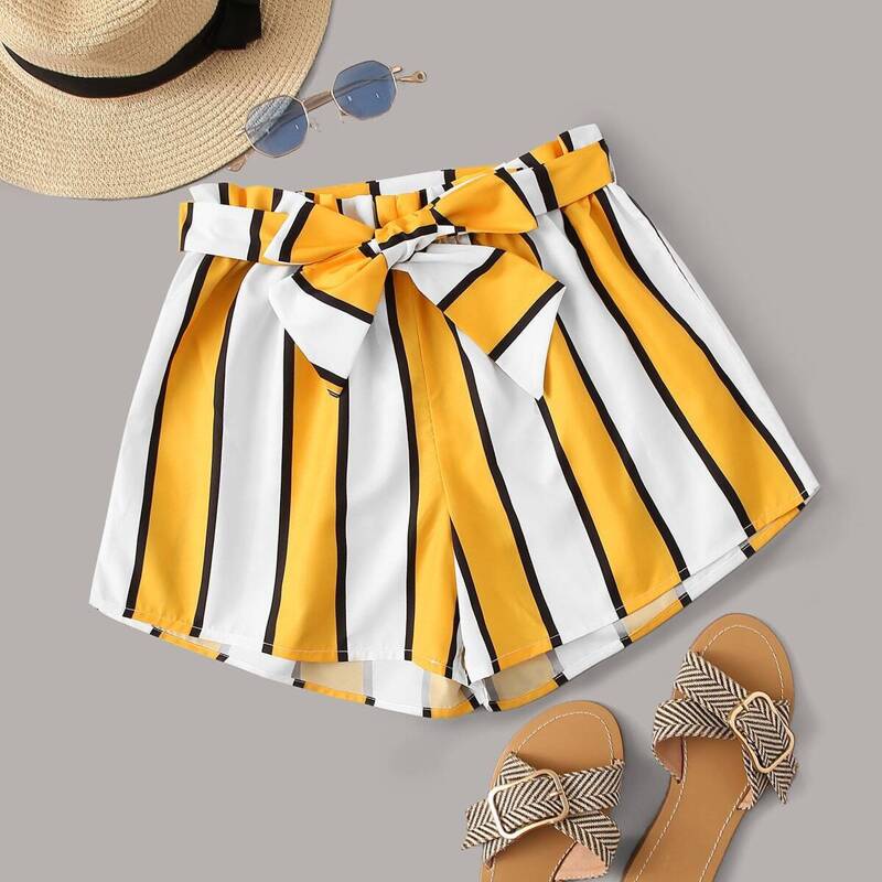 

Chunky Striped Belted Shorts, Multicolor