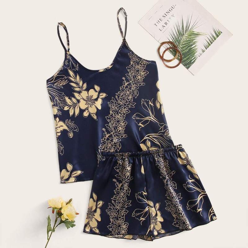 

Floral Print Satin Cami PJ Set, Navy