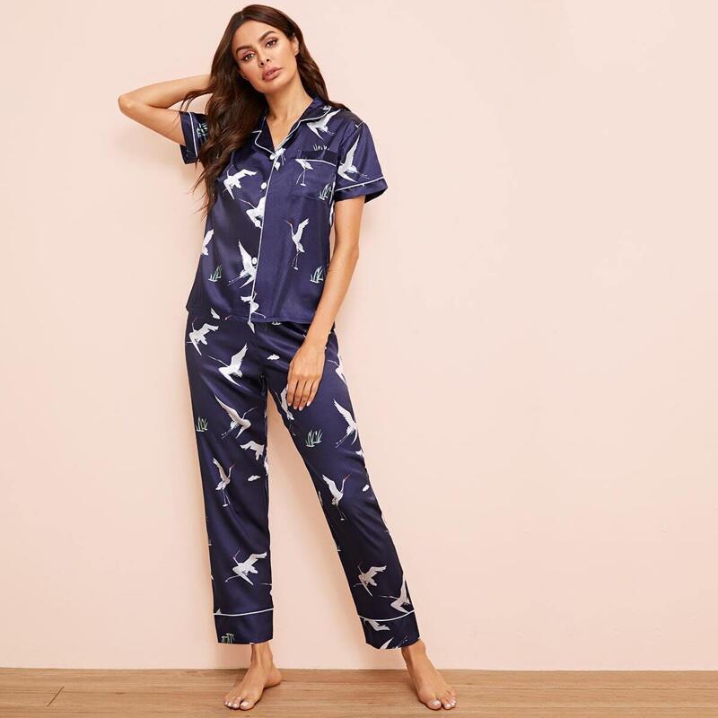 

Crane Print Button-up Satin Pajama Set, Navy