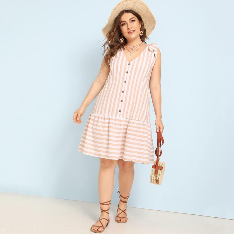 

Plus Two Tone Knot Shoulder Button Ruffle Hem Dress, Pink