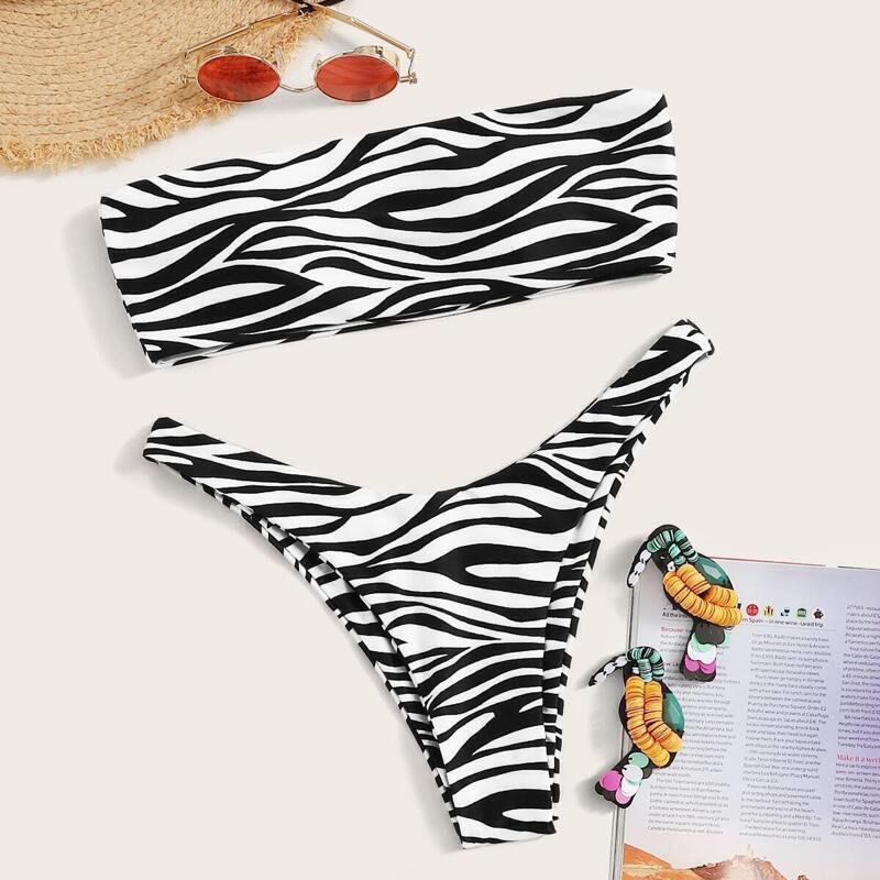 

Zebra Striped Bandeau With High Cut Bikini Set, Black and white