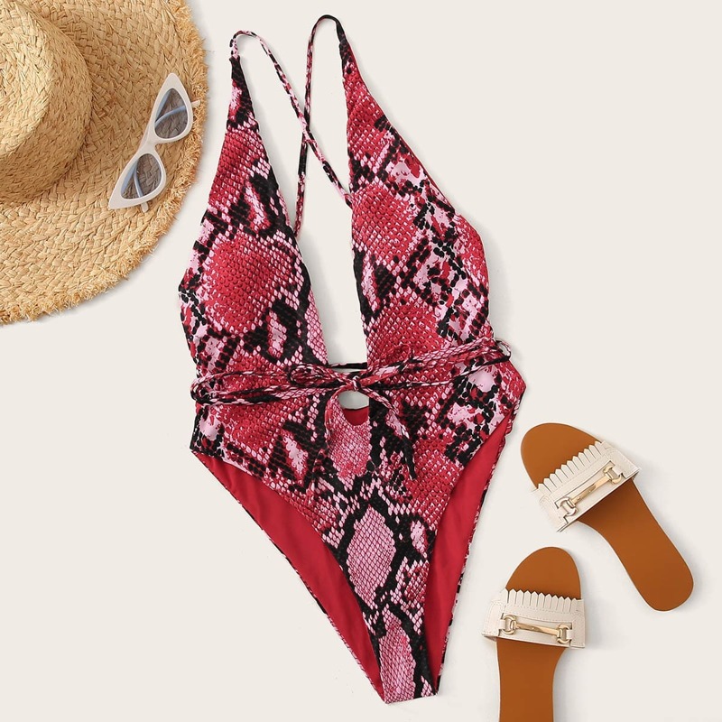 

Snakeskin Print Criss Cross One Piece Swimwear, Multicolor
