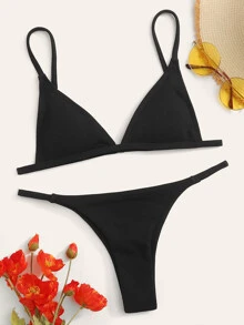 SHEIN Swim Conjunto de bikini sexy de tanga triangular de punto acanalado para playa del verano - Negro - Ver 3