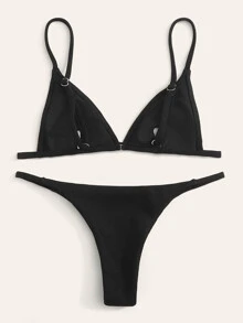 SHEIN Swim Conjunto de bikini sexy de tanga triangular de punto acanalado para playa del verano - Negro - Ver 2