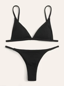 SHEIN Swim Conjunto de bikini sexy de tanga triangular de punto acanalado para playa del verano - Negro - Ver 4