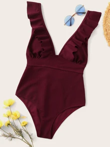 SHEIN Swim Summer Beach Ruffle Trim Lace Up One Piece Swimsuit - Burgundy - View 1