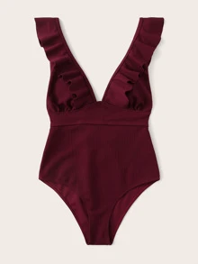 SHEIN Swim Summer Beach Ruffle Trim Lace Up One Piece Swimsuit - Burgundy - View 3