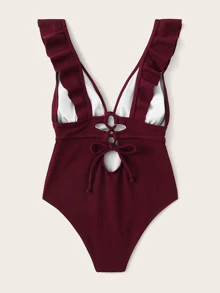 SHEIN Swim Summer Beach Ruffle Trim Lace Up One Piece Swimsuit - Burgundy - View 2