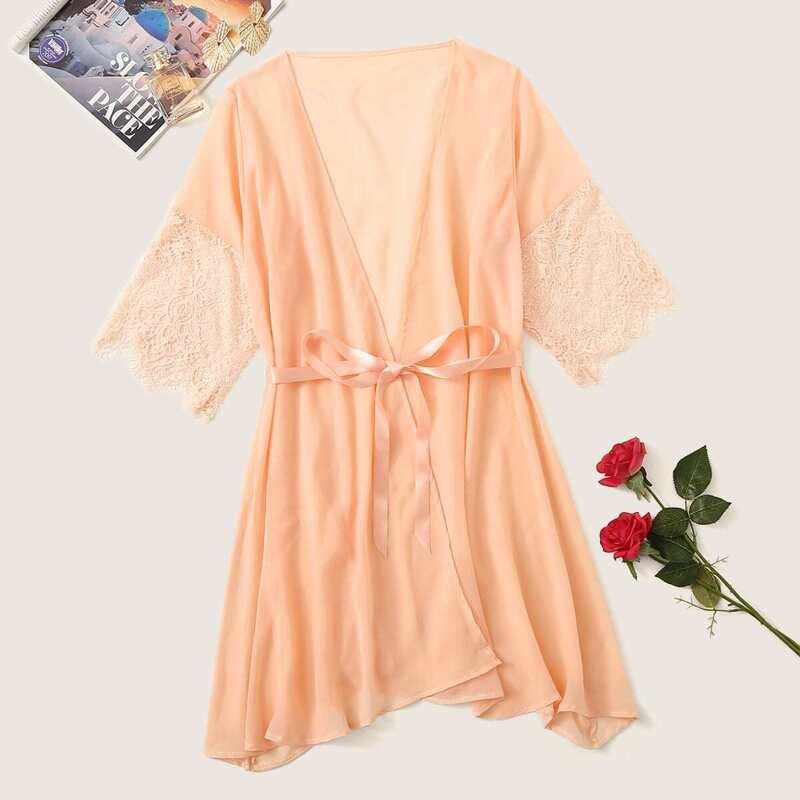 

Contrast Lace Robe With Belt, Orange pastel