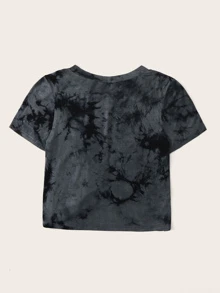 SHEIN EZwear Tie-Dye Wash Twist-Front Tee - Black - View 2