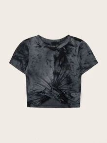 SHEIN EZwear Tie-Dye Wash Twist-Front Tee - Black - View 3