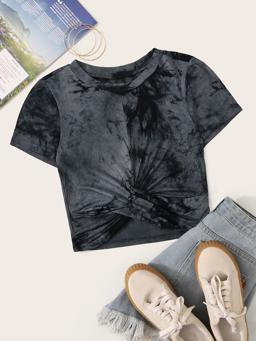 SHEIN EZwear Tie-Dye Wash Twist-Front Tee - Black - View 1