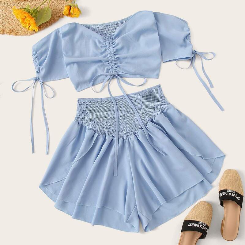 

Shirred Back Drawstring Front Top With Shorts, Blue