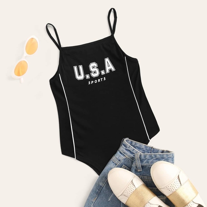 

Letter Print Binding Trim Cami Bodysuit, Black