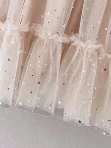 Flounce Sleeve Frill Trim Star Sequin Mesh Dress - Baby Pink - View 4