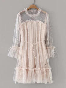 Flounce Sleeve Frill Trim Star Sequin Mesh Dress - Baby Pink - View 1