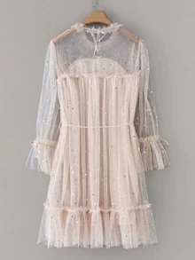 Flounce Sleeve Frill Trim Star Sequin Mesh Dress - Baby Pink - View 2
