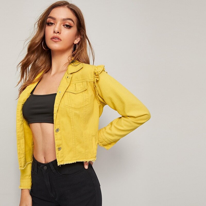 

Frayed Hem Ruffle Crop Denim Jacket, Yellow