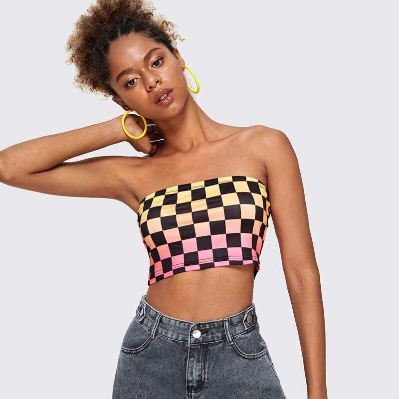 

Colorful Checkerboard Print Tube Top, Multicolor