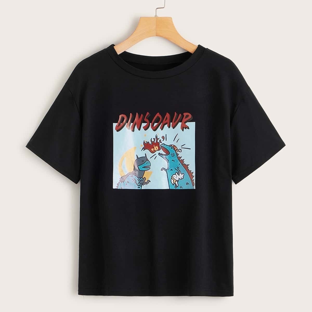 

Dinosaur And Letter Print Tee, Black