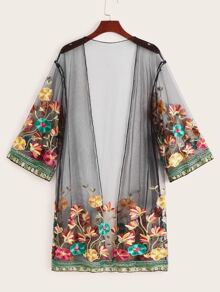 Plus Floral Embroidery Sheer Mesh Kimono, For Summer Beach Vacation - Black - View 2