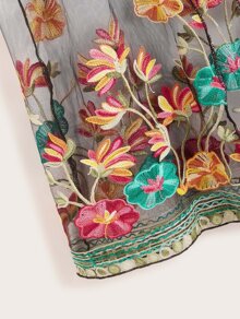 Plus Floral Embroidery Sheer Mesh Kimono, For Summer Beach Vacation - Black - View 4
