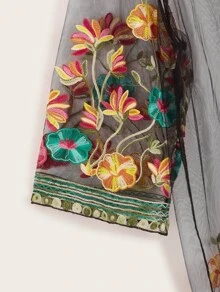 Plus Floral Embroidery Sheer Mesh Kimono, For Summer Beach Vacation - Black - View 3